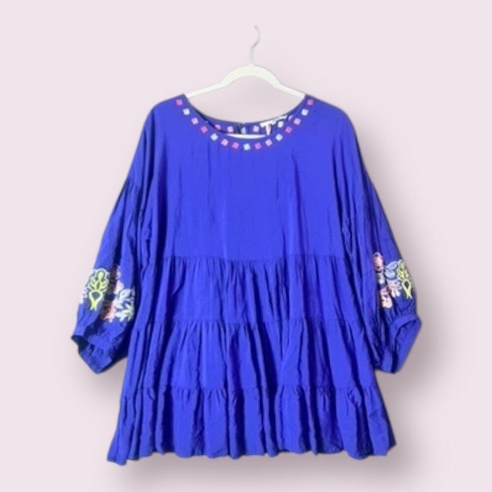 NWT Laffaire Los Angeles Boho Embroidered Blouse in Royal Blue Sz Medium